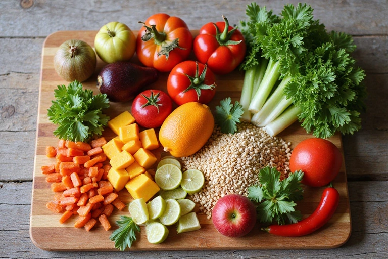 Cibi sani e colorati su un tagliere, simboleggiando una dieta equilibrata.