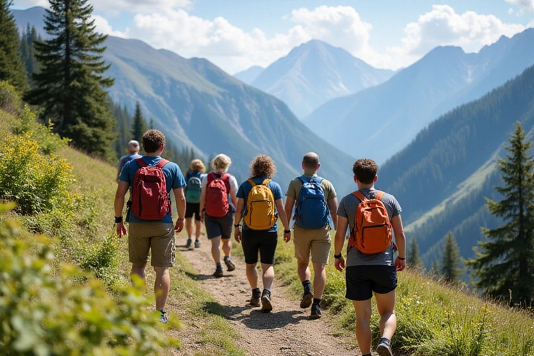 Gruppo di amici che fanno escursioni in montagna, godendosi la natura e l'attività fisica.