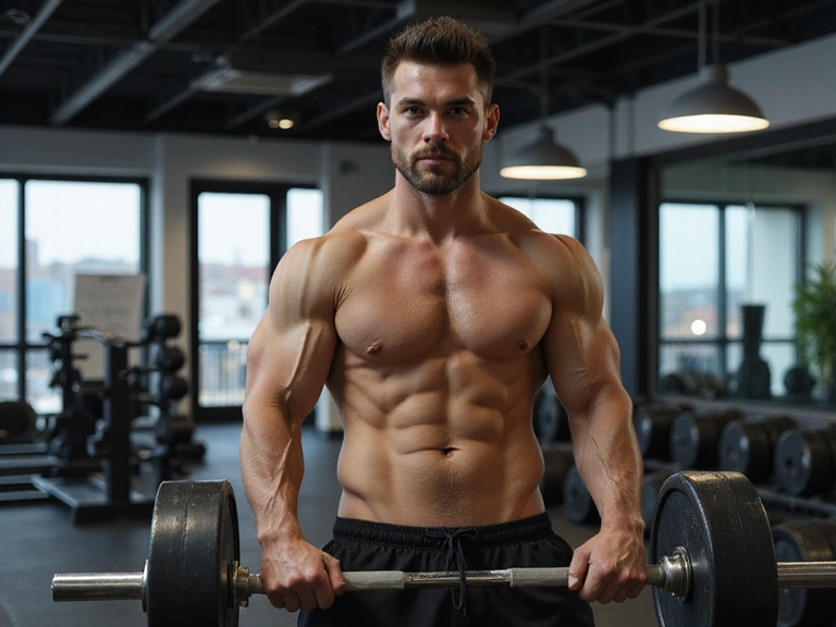 Uomo in palestra che solleva pesi, simboleggiando la forza e la salute maschile.