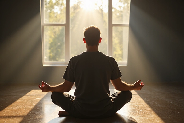 Uomo che medita in un ambiente tranquillo, simboleggiando la gestione dello stress.