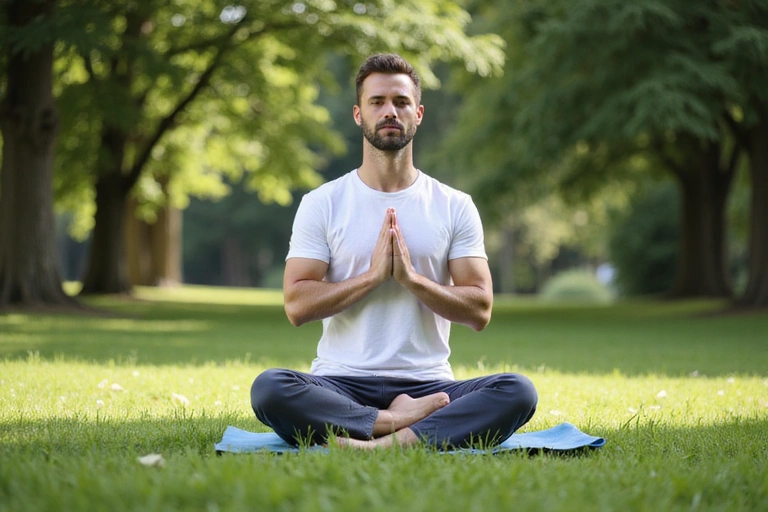 Uomo che pratica yoga all'aperto, simboleggiando uno stile di vita attivo e benessere mentale.