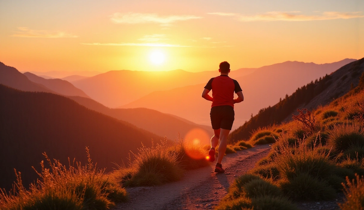 Uomo energico che corre al tramonto, simbolo di forza e vitalità duratura.