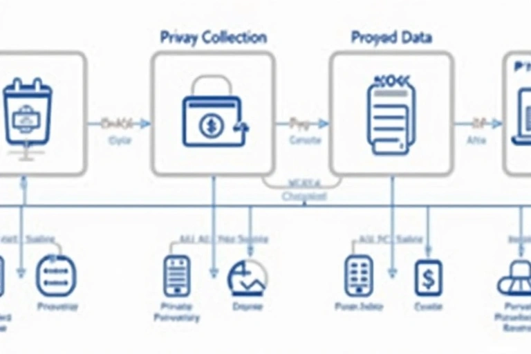 Diagramma di flusso che illustra la raccolta e l'utilizzo dei dati, con icone di sicurezza e privacy.