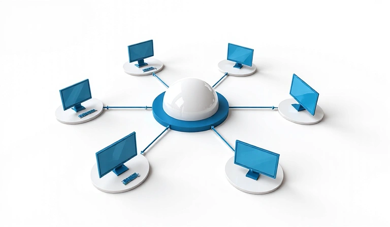 Illustration of data sharing between different entities, represented by connected nodes and a central hub