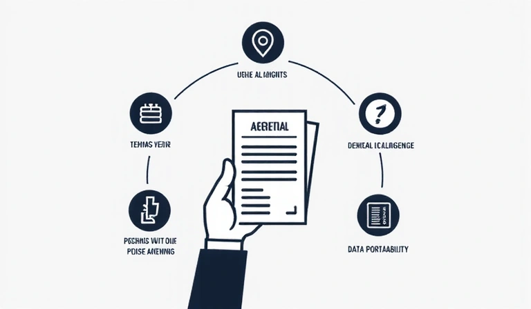 Illustration representing user rights, with a hand holding a document and various icons for access, deletion, and control