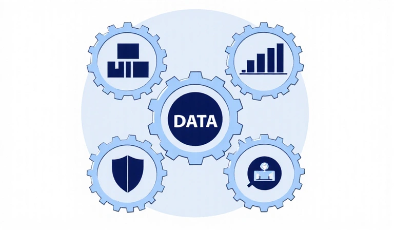 Illustration of various uses of data, represented by different gears and icons for shipping, communication, and analytics