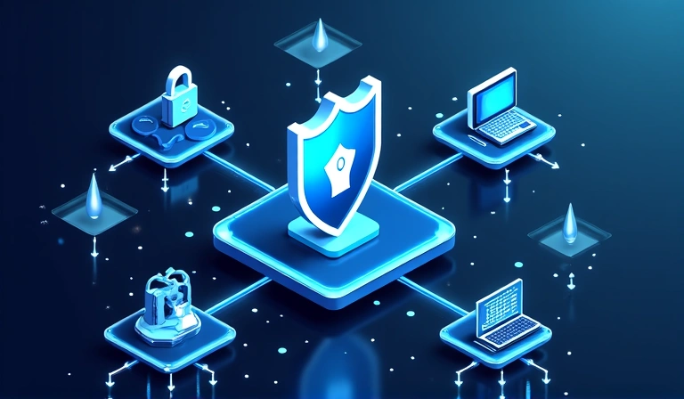 Illustration of robust data security measures, including a shield, padlock, and secure server icons