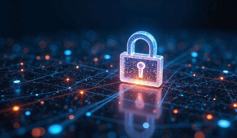 Illustration of data privacy and security with a padlock icon over data