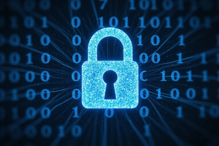 Un lucchetto digitale stilizzato su uno sfondo di codice binario, che rappresenta la sicurezza informatica.