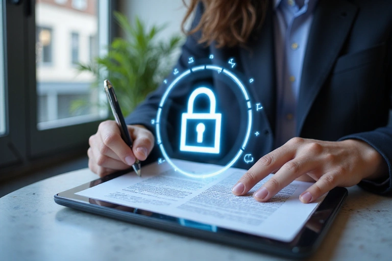 Una persona che legge un documento legale su un tablet, simbolo di privacy e conformità.